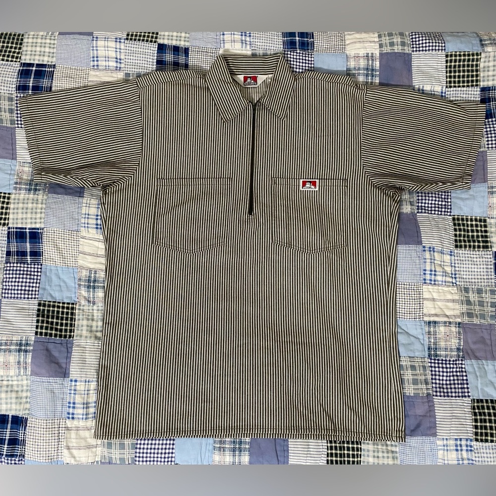 Ben Davis Striped Quarter Zip Work Shirt - M